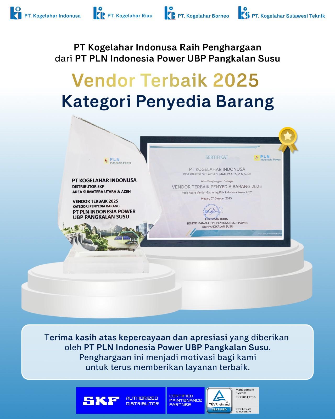 PT Kogelahar Indonusa Raih Penghargaan dari PT PLN Indonesia Power UBP Pangkalan Susu