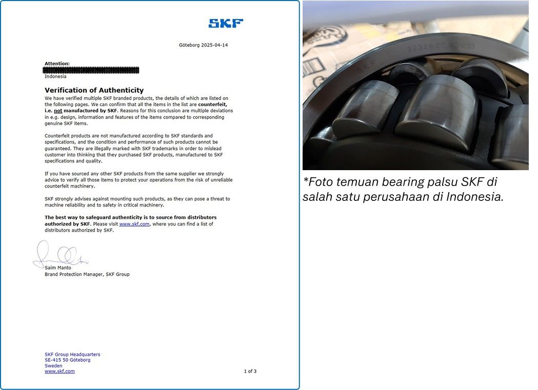 Contoh Hasil Verifikasi Keaslian Bearing SKF